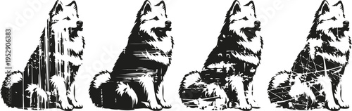 four black and white siberian husky illustrations sitting side view dog drawing set in vintage