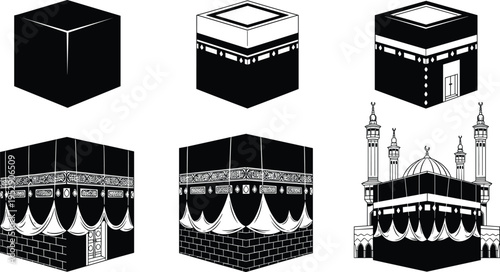 Kaaba icon collection, Islamic holy Kaaba vector illustration set with different angles, Mecca sacred mosque symbol, black Kaaba silhouette for Hajj and Umrah design