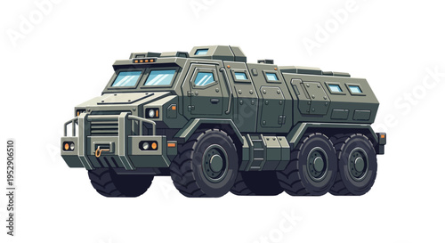 Pixel Art Armored Vehicle, Heavy Military Truck, 6x6 Offroad Transport
