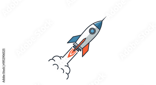 Cartoon Rocket Ship Launching with Smoke Trail on White Background