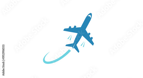 Blue airplane icon with contrail against white background. Travel and aviation concept.