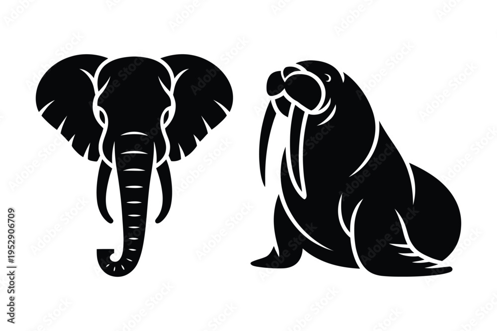 Fototapeta premium Elephant and walrus silhouettes