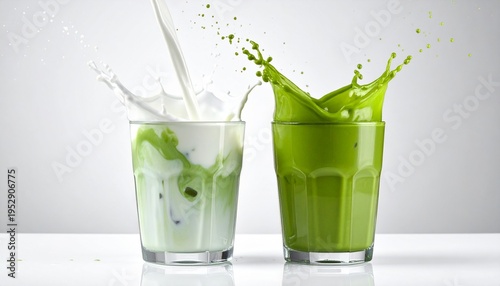 Two glasses of refreshing matcha drinks with milk splashing around. The drinks look fresh and inviting