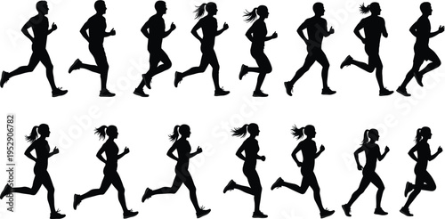 Running people silhouettes collection, men and women jogging poses vector set, fitness activity icons isolated, marathon training movement design elements pack