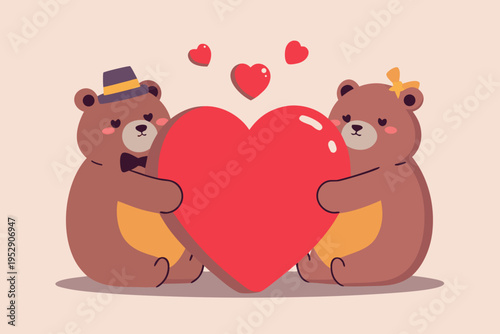 Two adorable bears share a large red heart symbolizing love and affection
