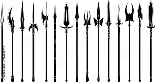 Medieval spear and polearm silhouettes collection, ancient weapon vector set, halberd pike lance designs isolated, historical combat arms illustration pack