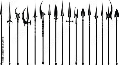 Medieval polearm silhouettes collection, spear halberd lance weapon vector set, ancient combat arms isolated, historical warfare design elements for illustration projects