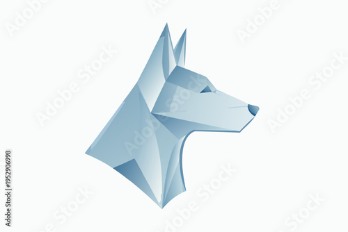 A low poly geometric illustration of a dog s head in pale blue tones