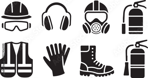 Essential personal protective equipment and fire safety tools presented as black silhouette icons