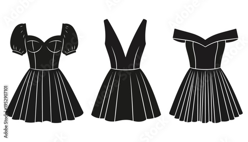 Dress vector silhouettes in black with white outlines and pleated skirts