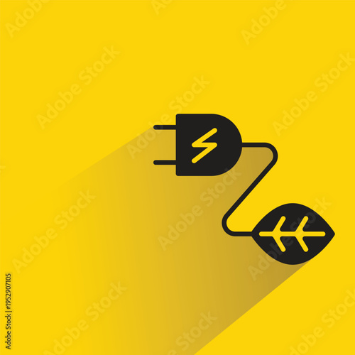 electric plug and leaf icon with shadow on yellow background