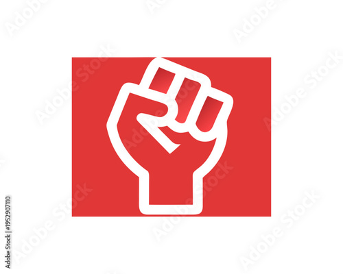 A stylized illustration of a raised fist against a red background