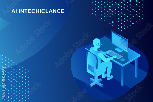Isometric illustration depicting a person working at a computer with ai elements
