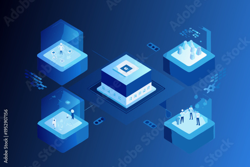 Isometric illustration of digital connectivity and human interaction with data