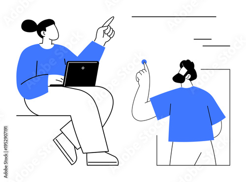 Teamwork, communication, digital workspace, remote cooperation, brainstorming, online learning. Person with laptop pointing upward and another writing. Teamwork and communication concept