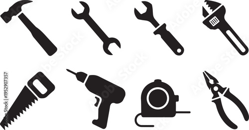 Essential construction and repair tools including a hammer, various wrenches, a saw, and a power drill