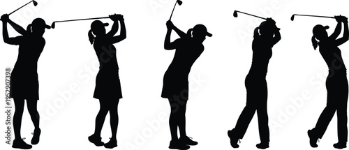 Female golfer silhouettes collection, woman golf swing poses vector set, sport activity icons isolated, professional fitness design elements for training projects