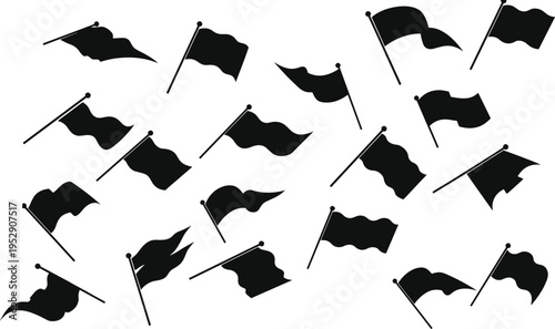 Collection of Waving Flag Silhouettes on Poles, Black Banner and Signal Flags Set Isolated Vector Icons for Protest, Pirate, Wind Blowing Concepts
