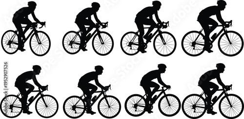 Cyclist silhouettes collection, road bike rider vector set, cycling sport poses isolated icons, active lifestyle transportation design elements for fitness projects
