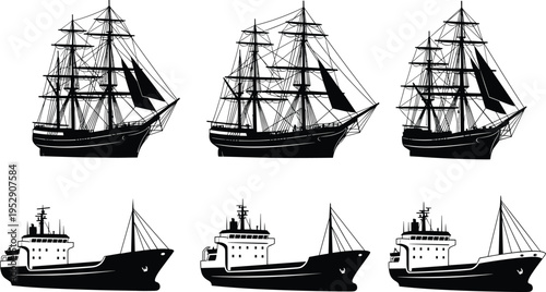 Collection of Sailing Ships and Cargo Vessel Silhouettes, Vintage Tall Ship and Modern Transport Boat Vector Icons Isolated on White Background