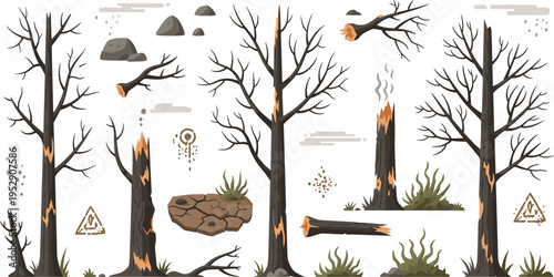 Burnt dead trees vector set with wildfire damage dry forest elements charred trunks and environmental disaster illustration collection