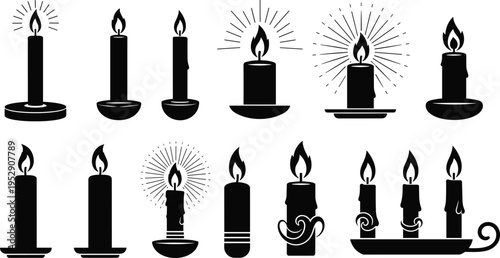 Collection of candle flame silhouettes with different candle holders and wax styles, black burning candle vector set isolated on light background