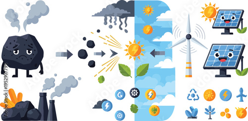 Coal energy vs renewable energy vector illustration with pollution solar wind power and environmental impact comparison design set