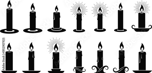 Candle silhouettes collection with burning wax lights, decorative flames and holders, vintage illumination set isolated on white background vector illustration design