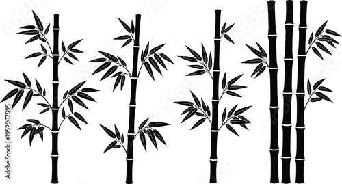 Bamboo silhouettes collection featuring oriental plant stems and leaves in various styles, natural Asian design elements isolated on white background vector illustration