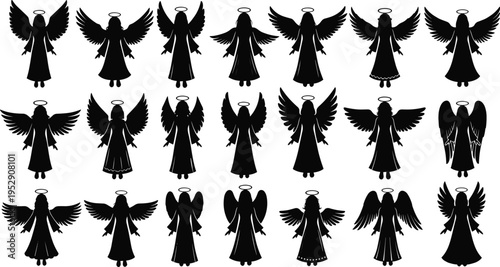 Angel silhouettes collection with wings and halos in various poses, spiritual heavenly figures set isolated on white background vector illustration design