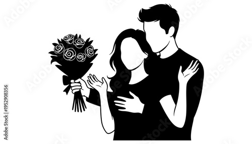 Couple silhouette illustration holding roses on a white background