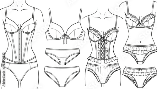 Lingerie set vector illustration with various underwear designs and styles