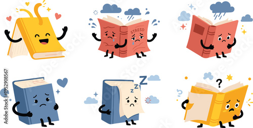 Cute cartoon book characters set showing emotions reading stress sleep happiness and study concepts colorful vector illustration collection