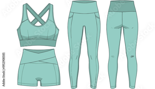 A mint green yoga outfit set illustration with leggings and sports bra