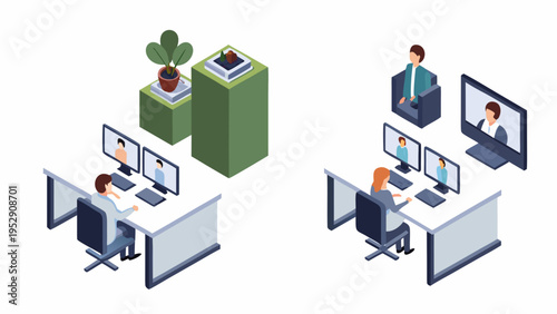 Isometric illustration of a modern office with virtual meeting setup