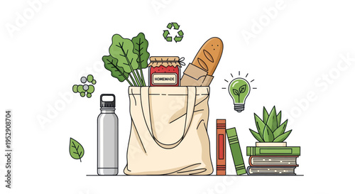 Eco-friendly grocery bag with fresh produce, bread, jam, and reusable water bottle