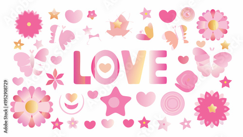 A colorful arrangement of flowers hearts stars and the word love