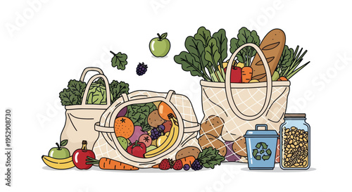 Fresh Groceries and Reusable Bags: Healthy Food, Sustainability, Shopping, Eco-Friendly