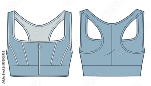 A blue sports bra vector illustration with zipper and mesh panels