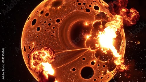 Dramatic cosmic cataclysm a burning celestial body's surface erupts in fiery solar explosions, resembling a sun's chaotic demise amidst the vastness of space