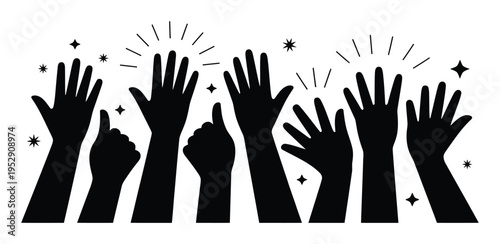 Silhouette of raised hands with stars and sparkles, symbolizing celebration and success