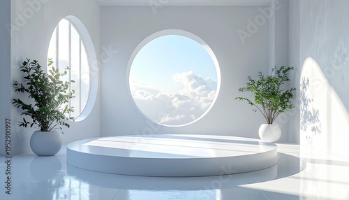 Minimalist White Interior with Round Windows and Plant Decorations.