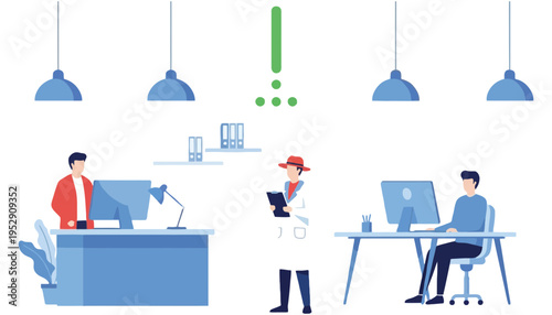 Office workers in a modern workspace with computers and lamps