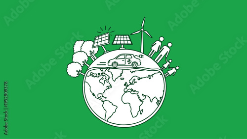 A green graphic illustration of the planet earth featuring icons for sustainable energy sources