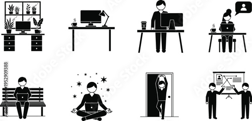 Remote Work Life Balance Set with Ergonomic Desk Workspace, Meditation, Stretching, Outdoor Office, Video Calling, and Professional Business Presentation Stick Figures