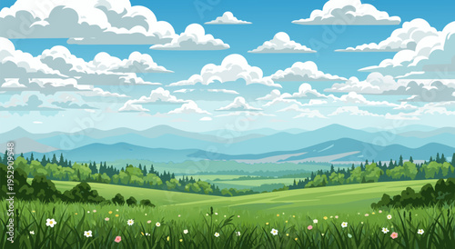 Beautiful Rural Landscape with Rolling Green Hills and Fluffy Clouds, Vector Illustration