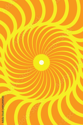 Intense Yellow and Orange Swirling Sunburst Pattern, Hypnotic Radial Design with Central Bright Light, Pop Art