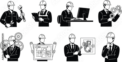 Professional engineer and industrial worker silhouette icon set featuring mechanical engineering, technical blueprints, construction management, maintenance repair, and architectural planning.