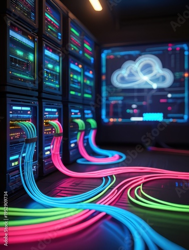 Futuristic Server Room with Cloud Computing Visualization