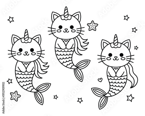 Cute Kawaii Cat-Mermaids with Unicorn Horns and Starfish